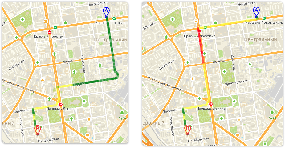 Новый алгоритм (справа) чаще ведёт на главные дороги города, несмотря на пробки. Забавный факт: время в пути для обоих маршрутов одинаковое.