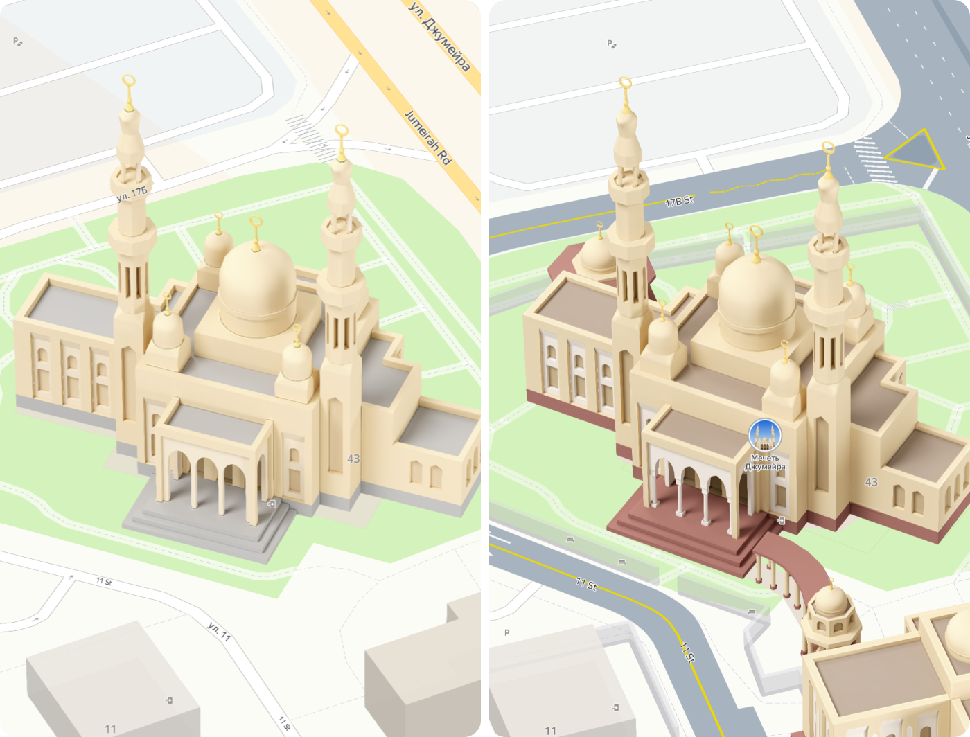 Слева: в модели отсутствует контрастность между фасадом, окнами, крышей и цоколем. Модель сложно считывать. Справа: пример модели с хорошей контрастностью