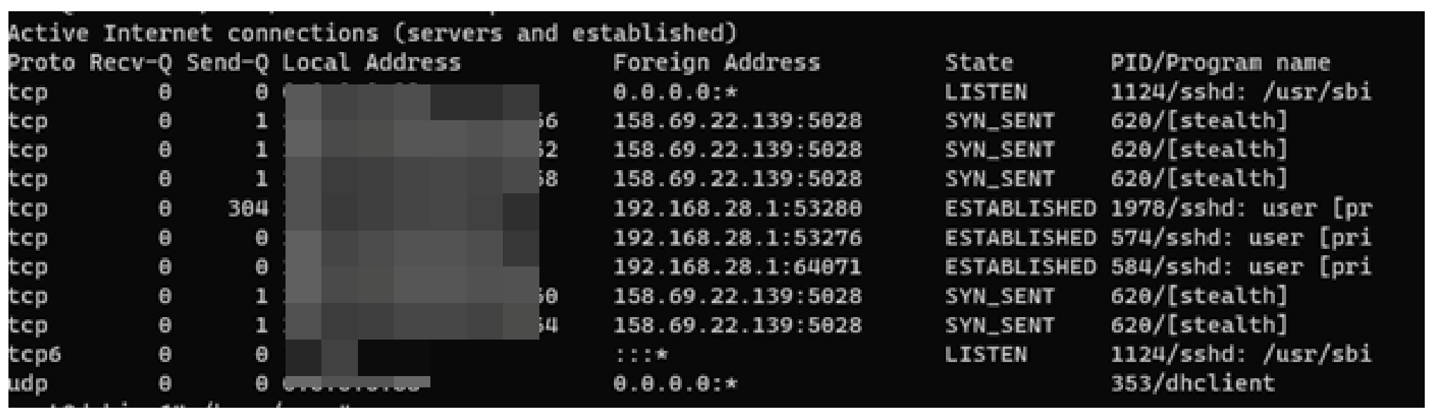 Процесс [stealth] подключён к активному серверу C&C (caaclothing[.]com/158[.]69[.]22[.]139).