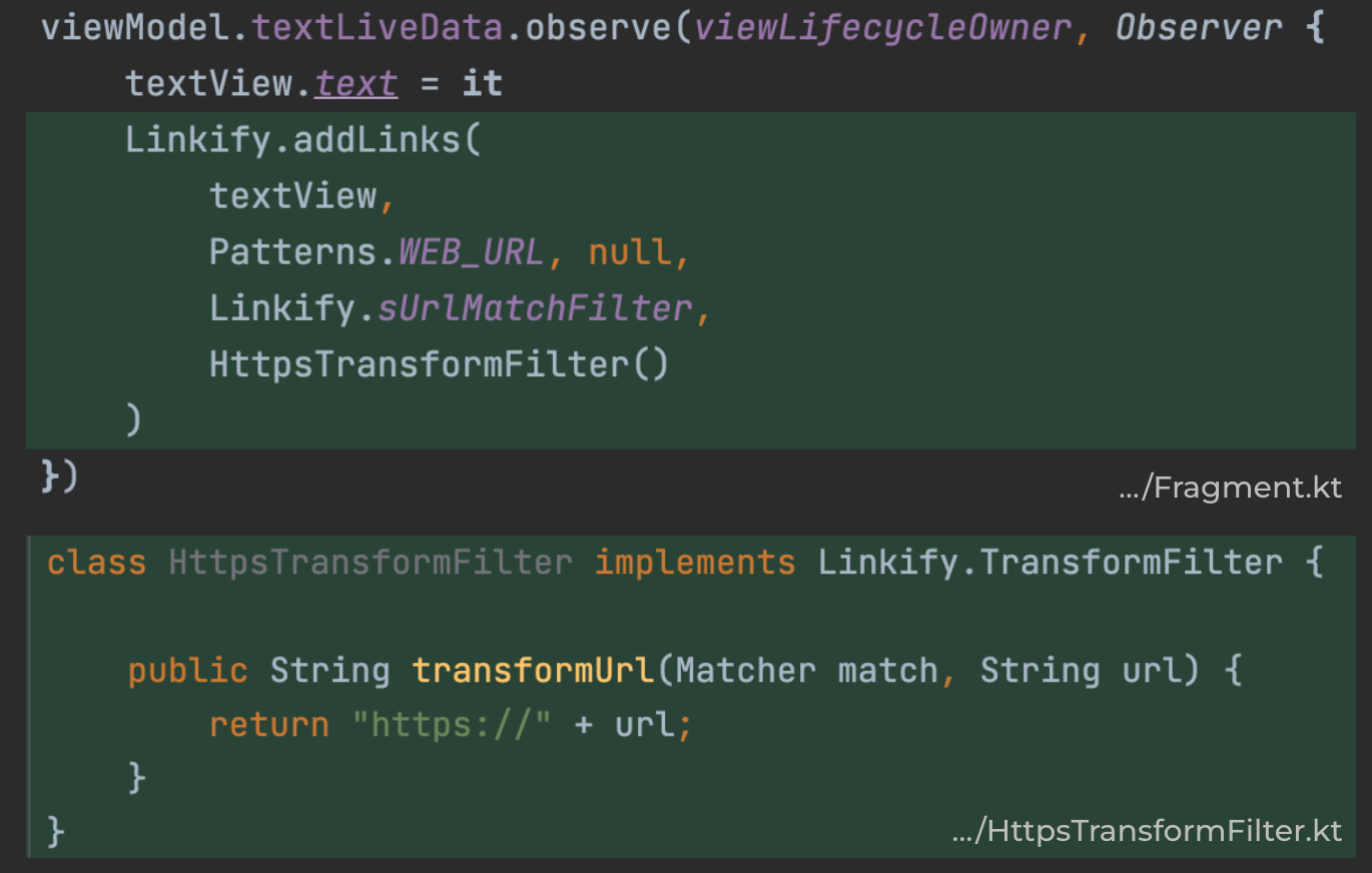 Пример использования функции Linkify.addLinks с собственным transformFilter.