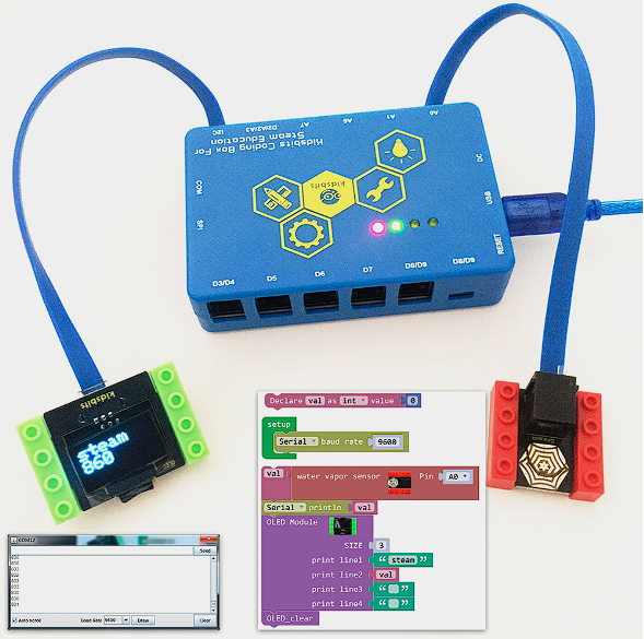 Kidsbits Coding Box с подключенным OLED-экраном и датчиком дождя
