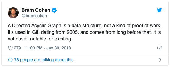 https://twitter.com/bramcohen/status/958535459969249280 «Направленный ациклический граф — это структура данных, а не тип доказательства работы. Она используется в Git-е, уже с 2005-го года, а появилась еще задолго до этого. Она не новая, не примечательная, и не захватывающая».