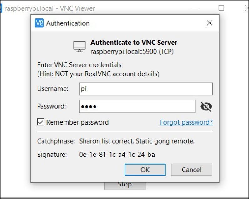 "VNC Viewer" — Ввод имени пользователя и пароля