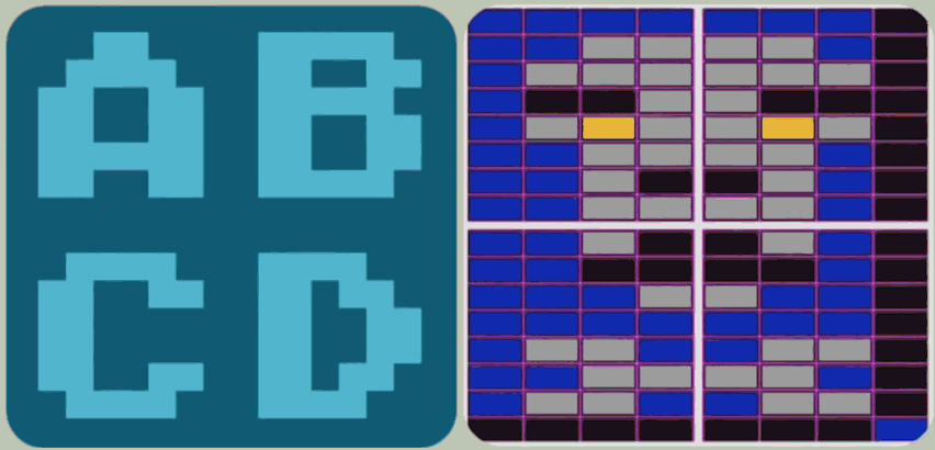 Пример, как в 4 монохромных знакоместа 16х16 пикселей (слева) помещается спрайт 8х16 с четырьмя цветами. Так же хорошо видно что вертикальные линии символов состоят из двух пикселей, о чем я писал выше.