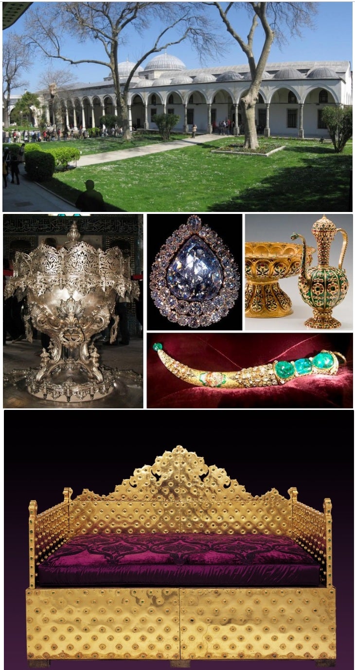 Экспонаты музея сокровищницы. Нижнее фото: золотой трон султанов