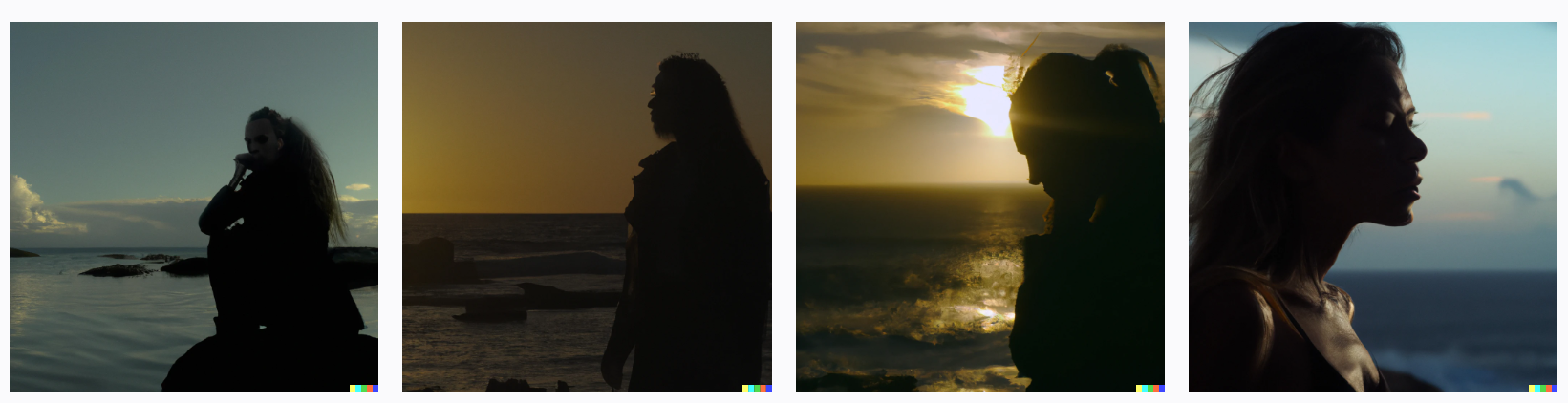 Woman on ocean coastline, sunset backgorund, dark and moody, desperate, grim, shadows, H.R. Giger style, photorealistic 8k