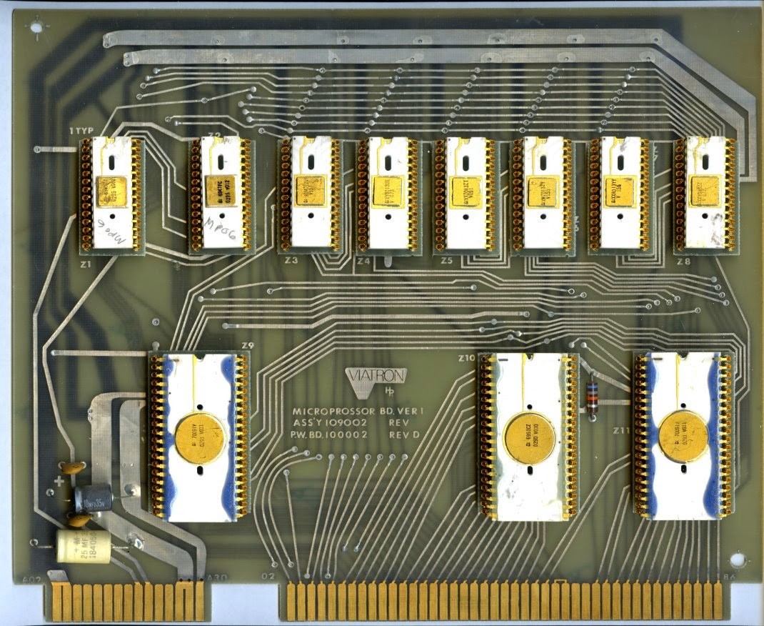 Одна из плат центрального процессора №2 терминала Viatron System 21. Верхний ряд содержит две микросхемы регистров RAR и шесть микросхем ПЗУ. Нижние микросхемы - мультиплексор IBR, флаговый чип и мультиплексор ПЗУ