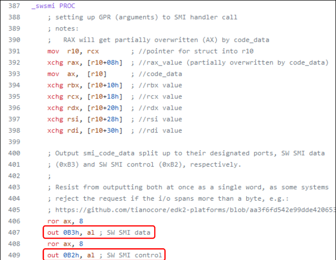 Фрагмент кода из фреймворка CHIPSEC для вызова программного SMI 
Источник: https://github.com/chipsec/chipsec/blob/main/drivers/win7/amd64/cpu.asm
