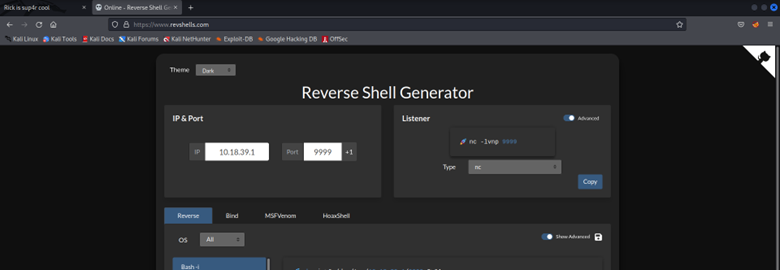 Сайт для генерации кода для reverse shell