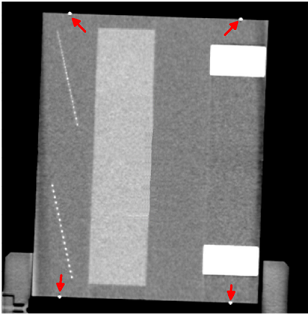 Рис. 6. Изображение центрального сагиттального сечения фантома CT ACR 464 с точечными элементами контроля позиционирования