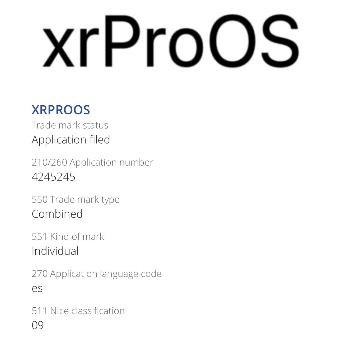 Патент на торговый знак xrProOS зарегистрированный по той же схеме в других странах при помощи дочерней компании.