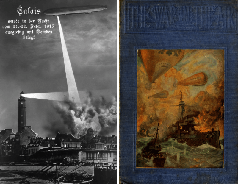Слева — ночной налет на Кале, справа — иллюстрация романа Герберта Уэллса «Война в воздухе» (1908 год). Предсказание фантаста практически точно сбылось