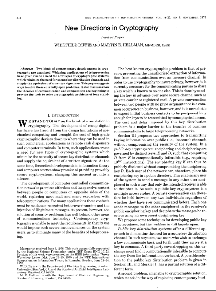“Новые направления в криптографии" – статья Уитфилда Диффи и Мартина Хеллмана, опубликованная в 1976 году.