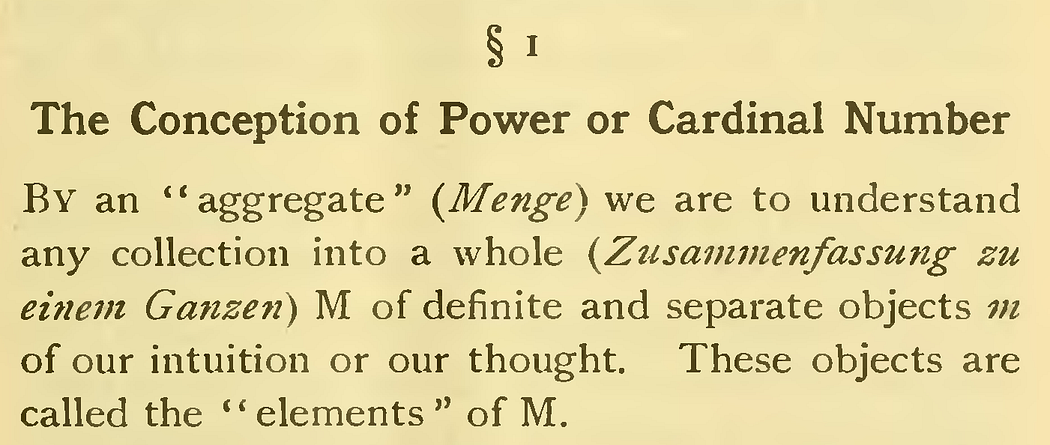 Отрывок из статьи Георга Кантора с его определением множества