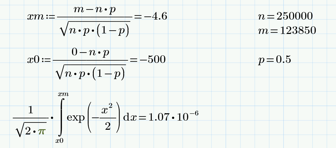 Расчет вероятности x<A/10 по теореме Муавра-Лапласа