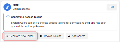 Создайте новый токен. Перейдите в “Users > System users” и нажмите “Generate new token”.