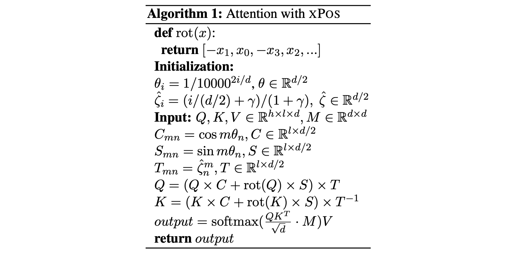 Несмотря на отличия в нотации, несложно узнать в описанном алгоритме RoPE с дополнительными множителями в формулах запросов и ключей. M — маска внимания.