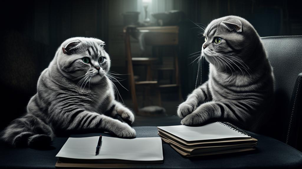 2 photorealistic scottish fold cats, one cat sits in psychoanalyst chair holding a notepad, another cats lies on a long psychoanalyst couch, one cat listen to another, dark grey fur, fat cat ,movie poster, cinematic, HDR,cinematic lighting, cat sits in a