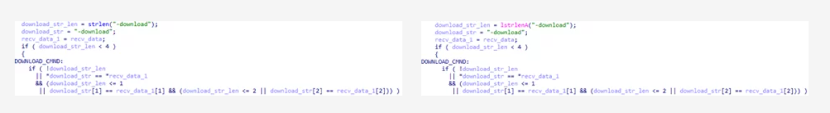 Фрагмент псевдокода обработки (получения) команды "-download" в образце Webdav-O (слева) и BlueTraveller (RemShell) (справа)