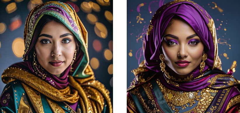 Close-up photo of a beautiful oriental woman, elegant hijab-adorned with hints of modern vintage style: без LLM / с LLM
