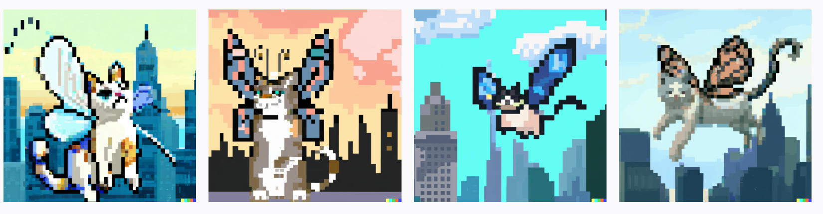 Сat with butterfly wings flying above the city, digital art, pixel art