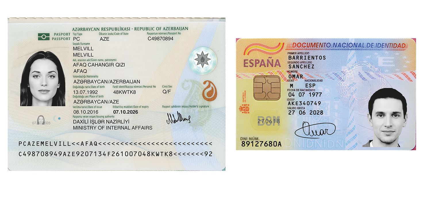 Пример паспорта Азербайджана и ID карты Испании