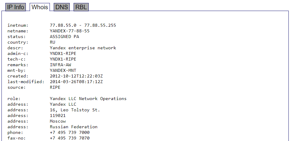 bgp.he.net — получение записи whois для IP-адреса 77.88.55.77