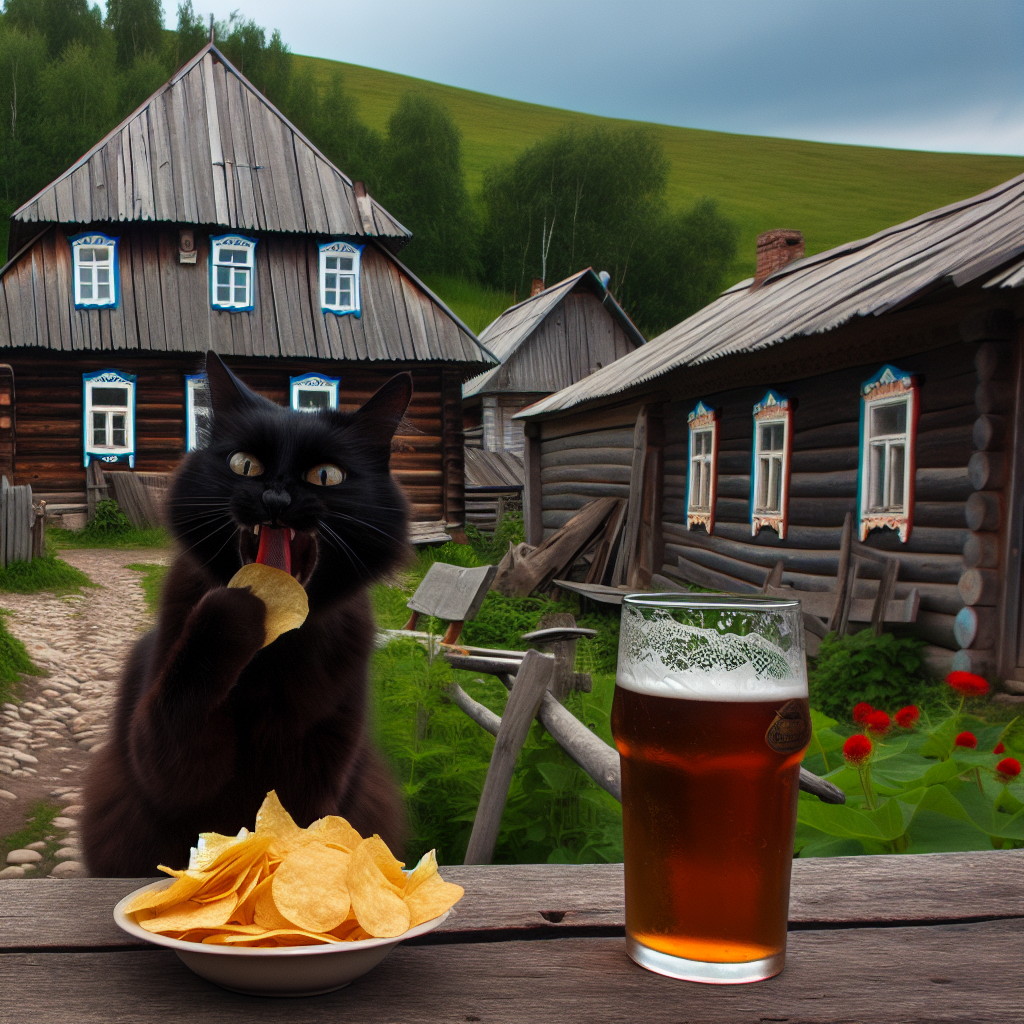 Запрос "черная кошка в деревне ест чипсы и пьёт квас"
