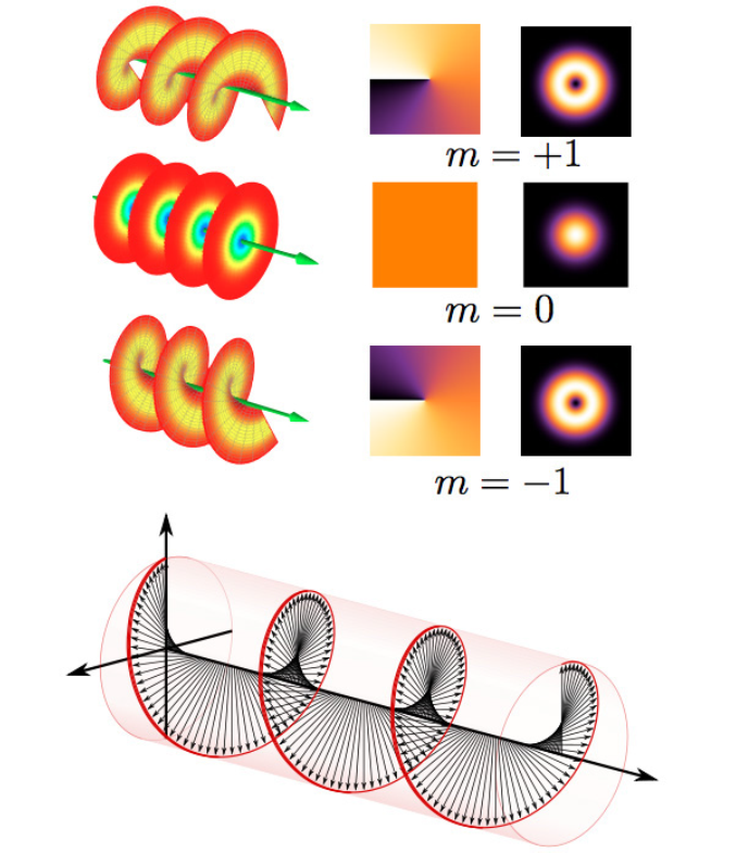 Рис. 9. Вверху – электромагнитная волна в зависимости от наличия и знака её орбитального углового момента: волновой фронт (слева), фаза волны в поперечной плоскости (посередине) и интенсивность в фокусе (справа). Внизу – электромагнитная волна с круговой поляризацией.