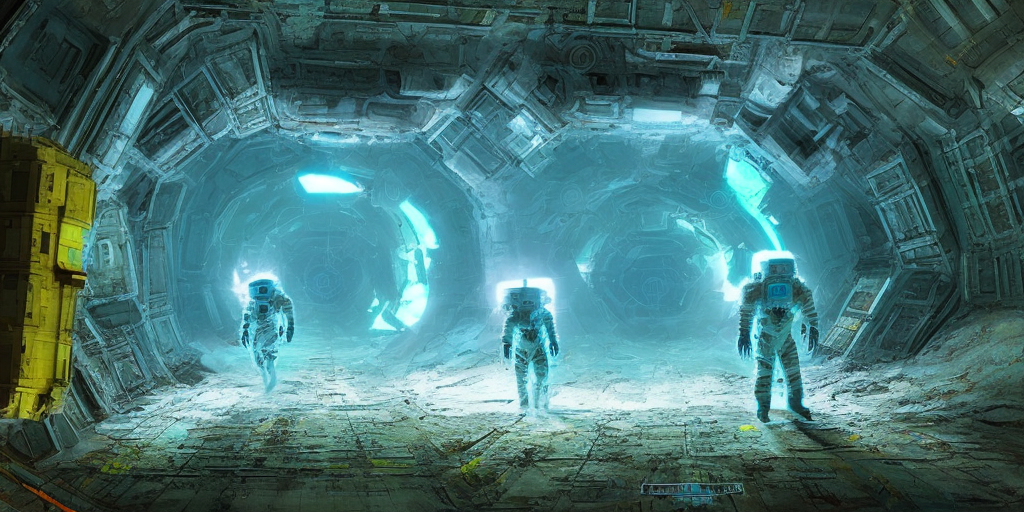 Stable Diffusion v2.1 prompt: Two astronauts exploring the dark, cavernous interior of a huge derelict spacecraft, digital art, neon blue glow, yellow crystal artifacts