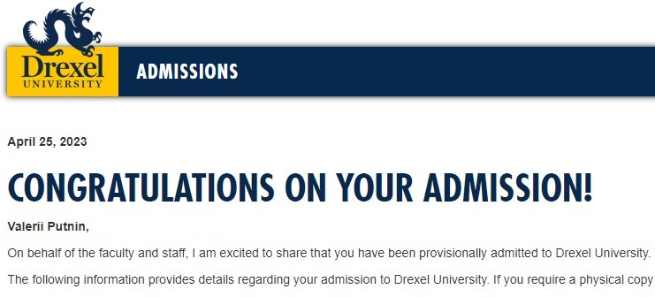 Drexel University, Philadelphia - Accepted