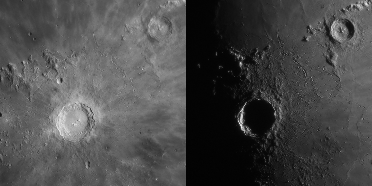 Фотографии одного и того же участка лунной поверхности выполненные с промежутком в несколько дней. Съемка в ближнем ИК диапазоне (~850nm) 203мм телескоп. Самый большой кратер на фотографии - Коперник, диаметр примерно 96км.
