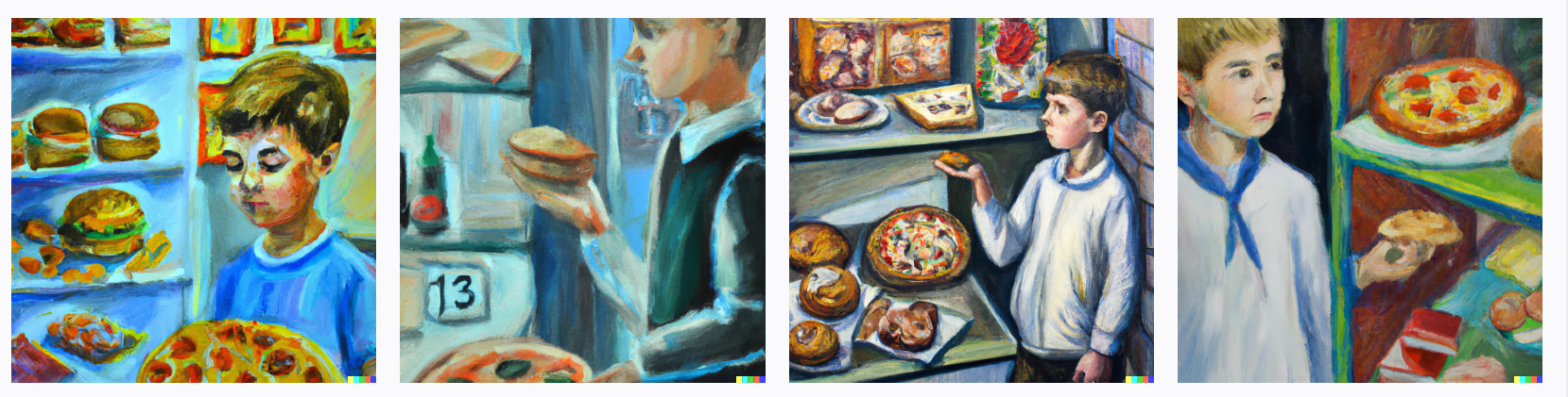 Schoolboy chooses food in the cafeteria, pizza and buns in the showcase, a picture from a math magazine,oil painting