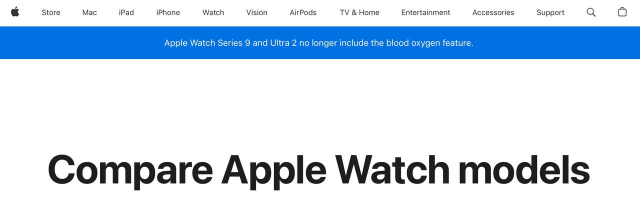 Apple разместила на американском сайте баннер о недоступности функции пульсоксиметра, а также полностью убрала ее упоминание со страницы сравнения моделей
