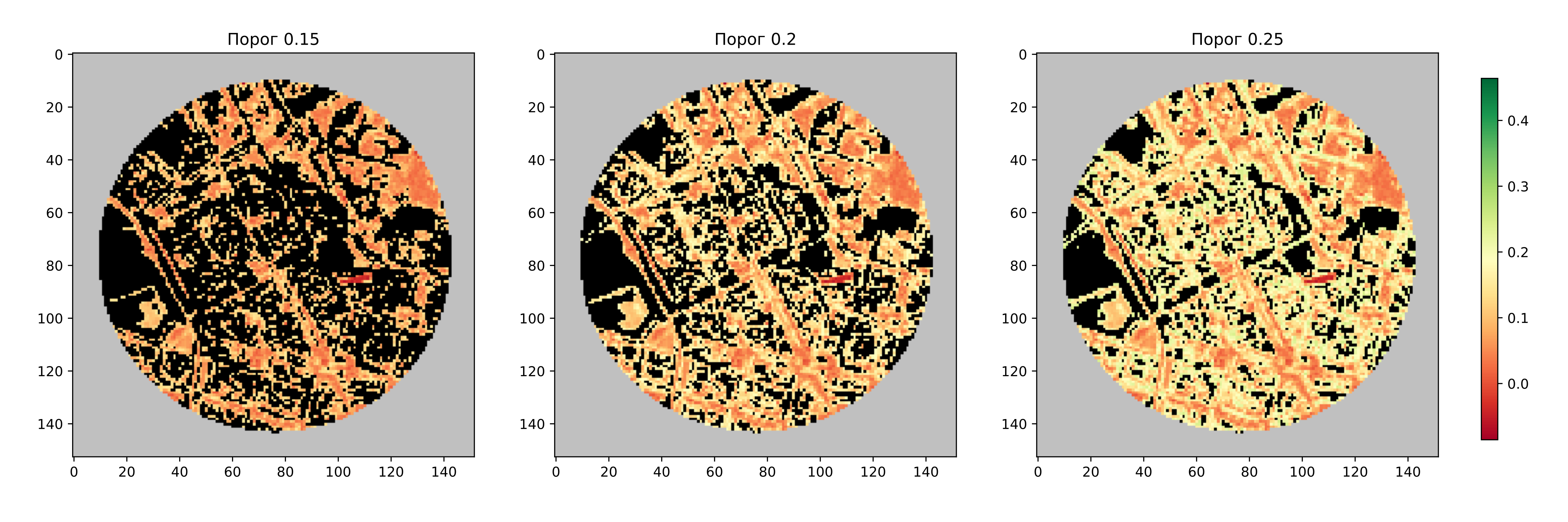 Рисунок 3. Сегментация матрицы NDVI по порогам 0.15, 0.2, 0.25. Черным цветом показаны границы “зеленых зон”