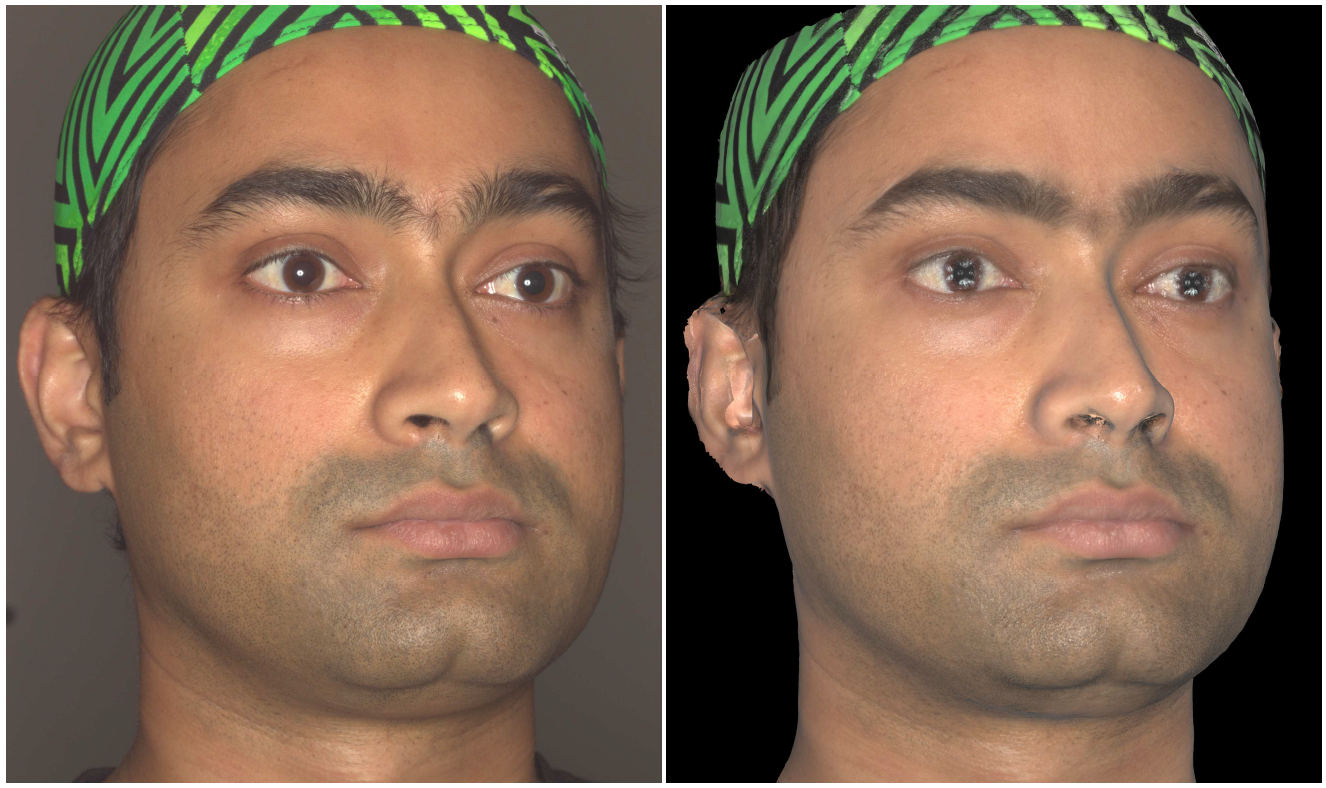 Фотография (слева) и рендеринг 3D модели лица (справа)