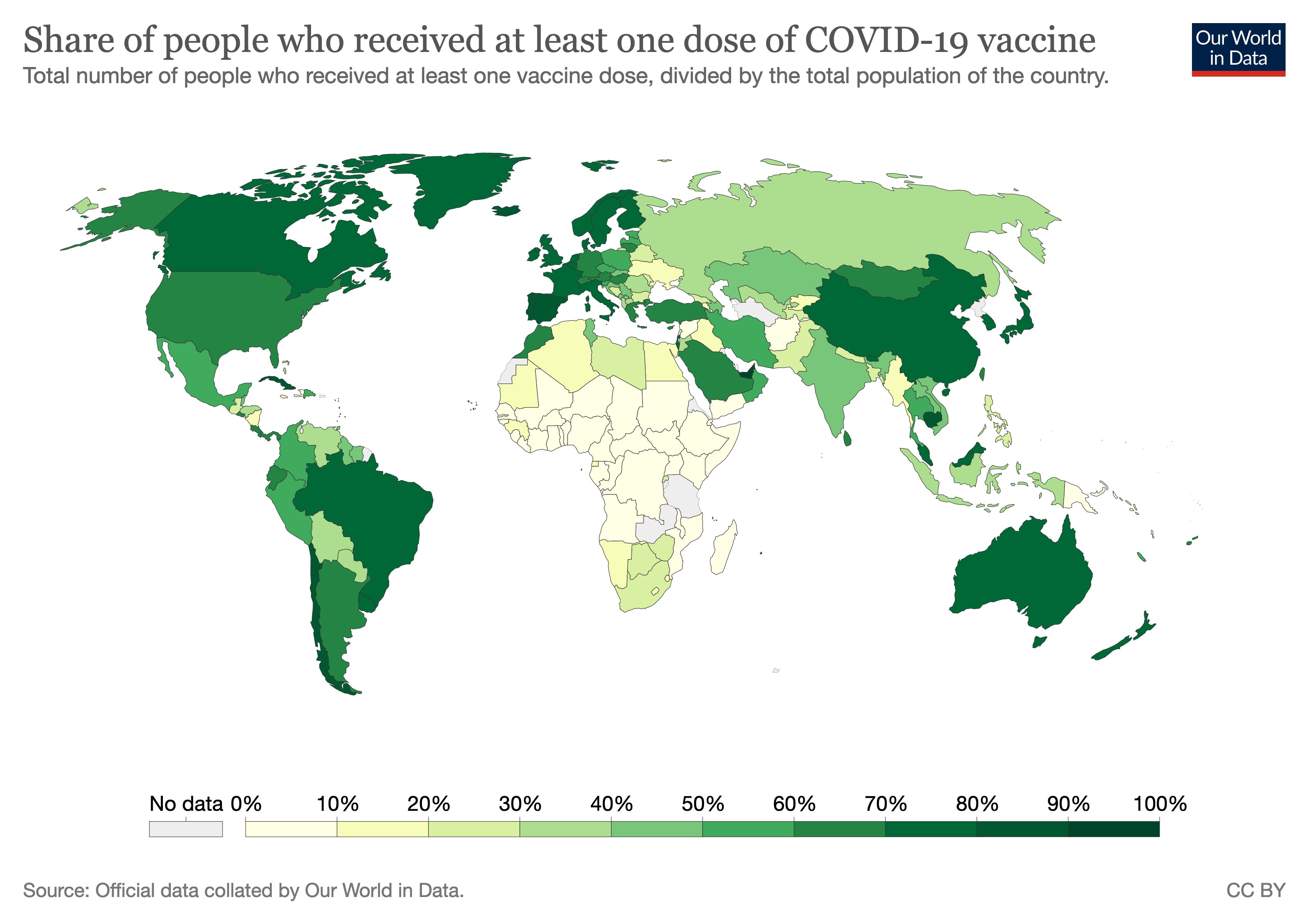 Доля людей в странах мира, получивших хотя бы одну дозу вакцины от COVID-19