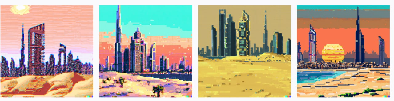 Dubai, Real estate, desert, digital art, cybepunk, 8k resolution, pixel art, pixar art