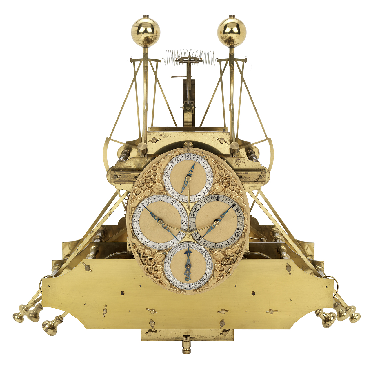 Вот так выглядели первые хронометры Харрисона. Пружинный маятник и масса противовесов. И эта штука занимает целую капюту, подобно первым компьютерам. 