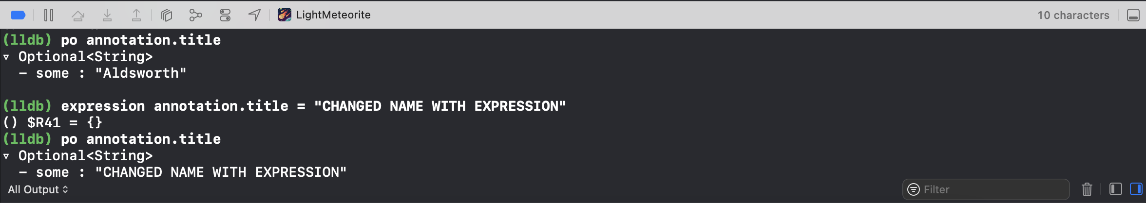 Рис 9. Простановка breakpoint'a и замены значений с помощью команды expression