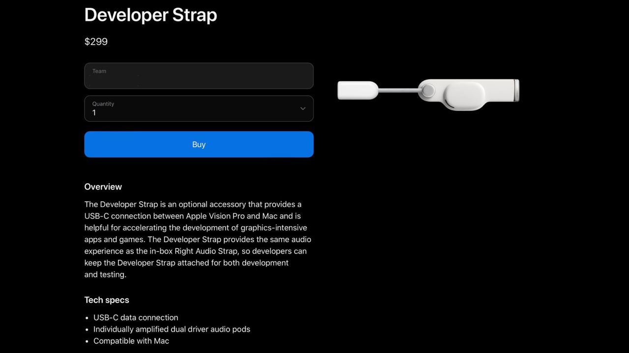  «Developer Strap» представляет собой правый Audio Strap с таким же динамиком и поддержкой Пространственного аудио, разработчик просто заменяет комплектный благодаря спрятанному замочку внутри Apple Vision Pro – потребуется обычная iскрепка