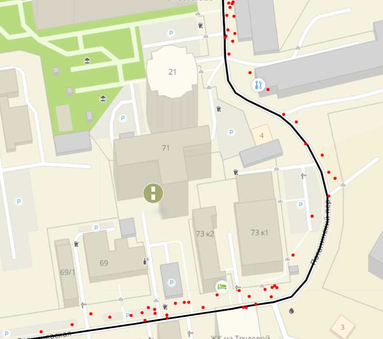 Иллюстрация процесса притяжки к рёбрам графа: красные GPS точки проецируются на соответствующие рёбра графа, выделенные чёрным.