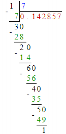 Деление 1 на 7 в столбик. Здесь мы можем наблюдать остатки от деления [1, 3, 2, 6, 4, 5]. 