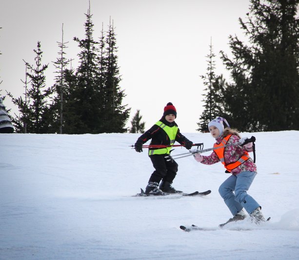 Скользящий поворот на горных лыжах, на снимке детский курс