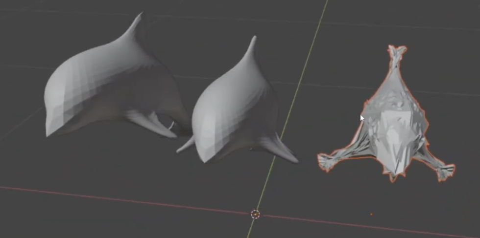 3D-реконструкция формы дельфина, с регуляризатором гладкости и без него. Слева:  целевой дельфин. В центре:  3D-реконструкция с регуляризатором гладкости, справа — без него