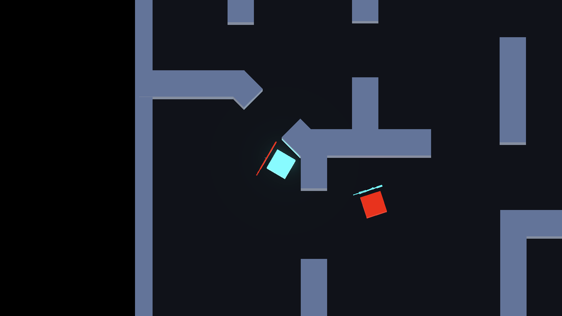 Здесь, конечно, не видно, но игрок и враг (синий и красный соответственно) двигаются и умеют стрелять