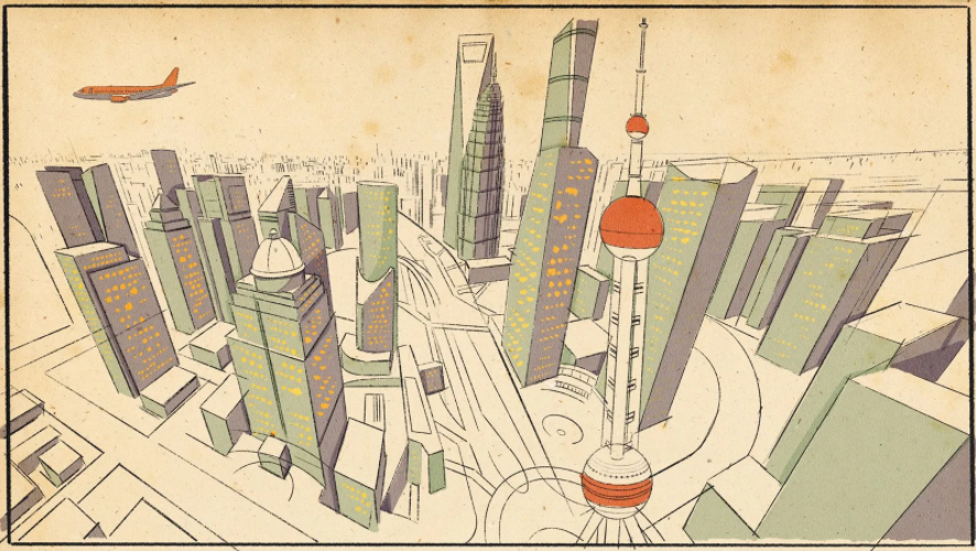 Шанхай, центр которого застроен небоскребами, напоминает бетонную пустыню, простирающуюся от горизонта до горизонта (Иллюстрация: Эммануэль Лафон)