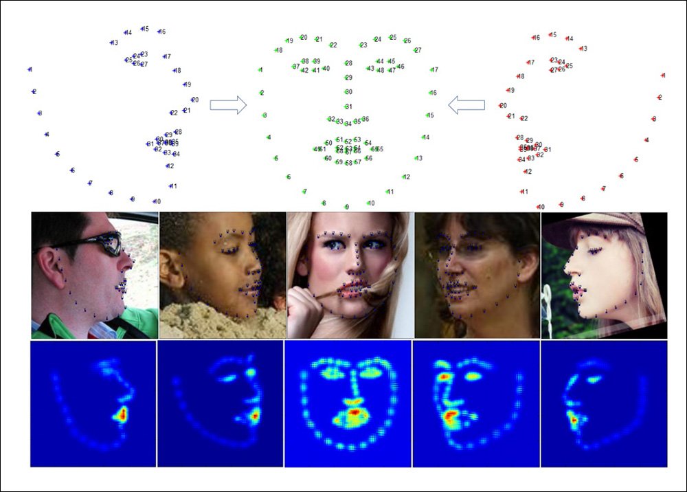 На примере из исследования по проблемам распознавания лиц «Joint Multi-view Face Alignment in the Wild» видно, что фронтальные разбивочные элементы содержат 68 ориентиров на ключевые точки лица, а элементы в профиль — только 39.