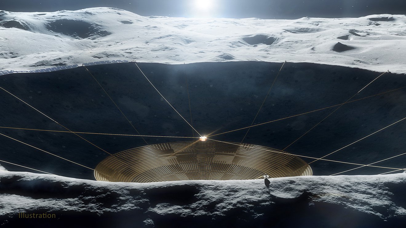 Концепция радиотелескопа в кратере на Луне. Иллюстрация: Владимир Вустянский